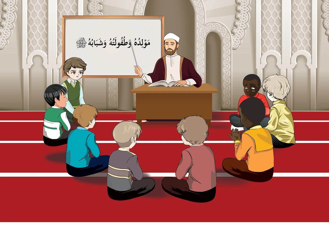 رسم من الكتاب يرافق مَوْلِدُهُ وَطُفولَتُهُ وَشَبابُهُ ﷺ